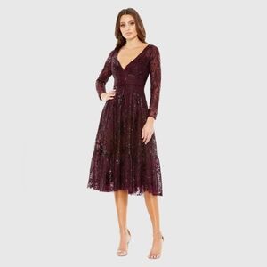Mac Duggal Lace Embellished Wine Red Three-Quarter Sleeve Ruffle Hem Gown